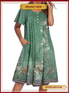 Ruffle Sleeve Button Midi Nightgown Mumu Dress with Pockets